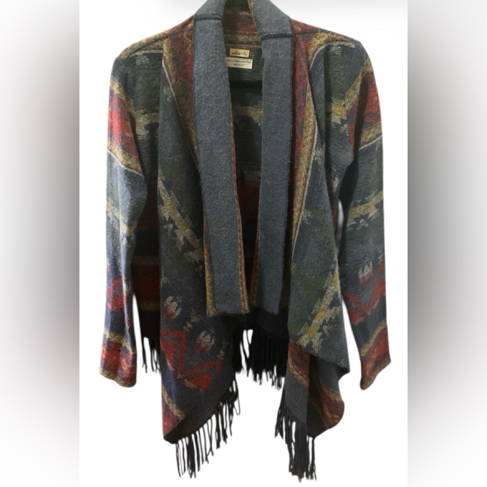 Hollister Aztec Southwestern Cardigan Womens XSmall Blue Red Tassle Open Sweater